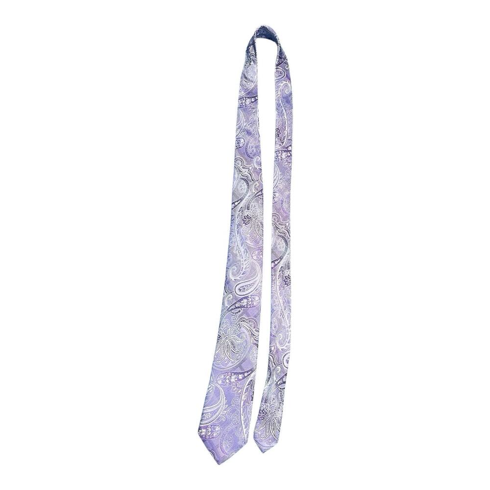 PRONTO UOMO Men's 100% Silk Skinny Necktie Designer PAISLEY Purple Silver EUC